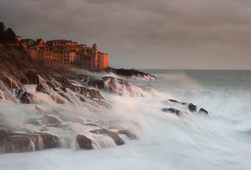 Golden Coastal Village Waves by Paolo Stoppani — canvas wall art