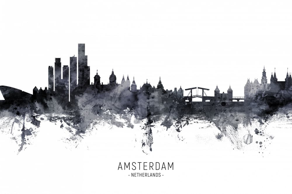 Amsterdam Cityscape Watercolor by Michael Tompsett — canvas wall art