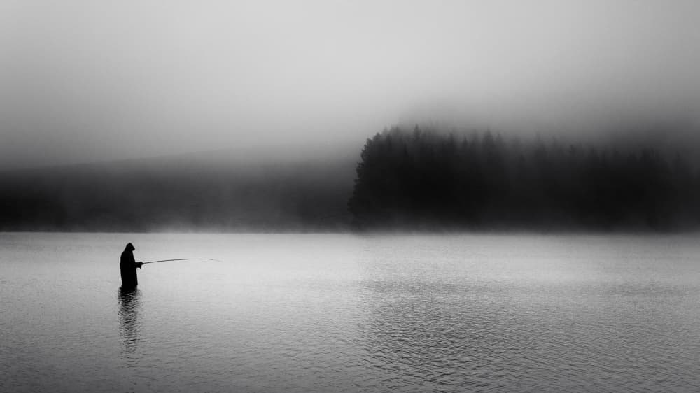 Misty Lake Fisherman by David Bouscarle — canvas wall art