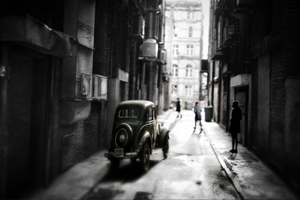 Vintage Car City Alley by Amer Jassim — canvas wall art