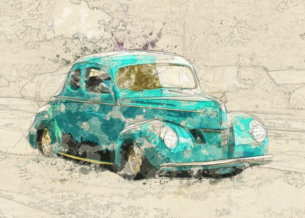Teal Classic Hot Rod by Lembayung senja studio [Vintage Poster] — canvas wall art