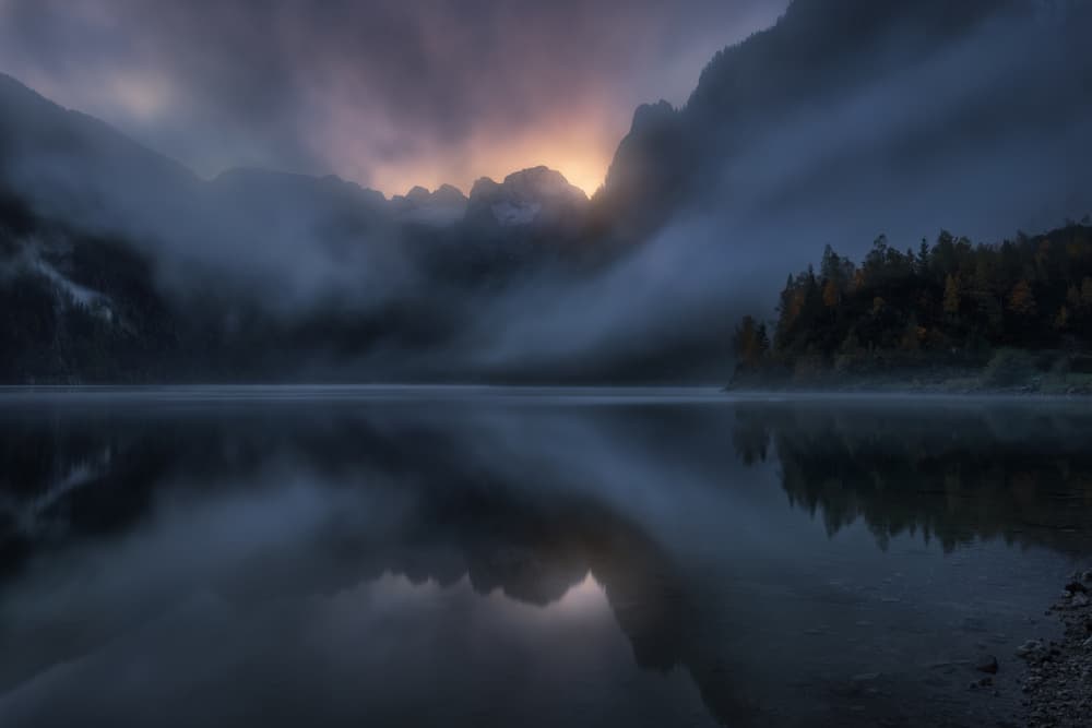 Misty Mountain Lake Reflection by Juan Pablo de Miguel — canvas wall art