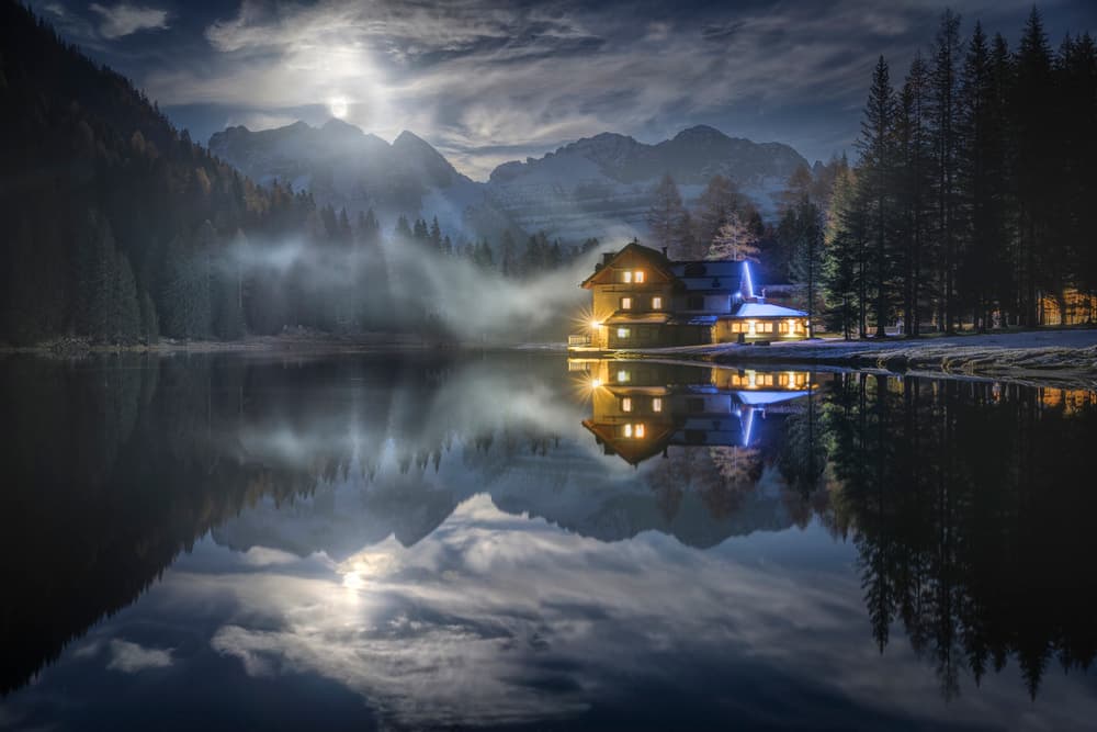 Moonlit Lakeside Cabin by Alberto Ghizzi Panizza — canvas wall art