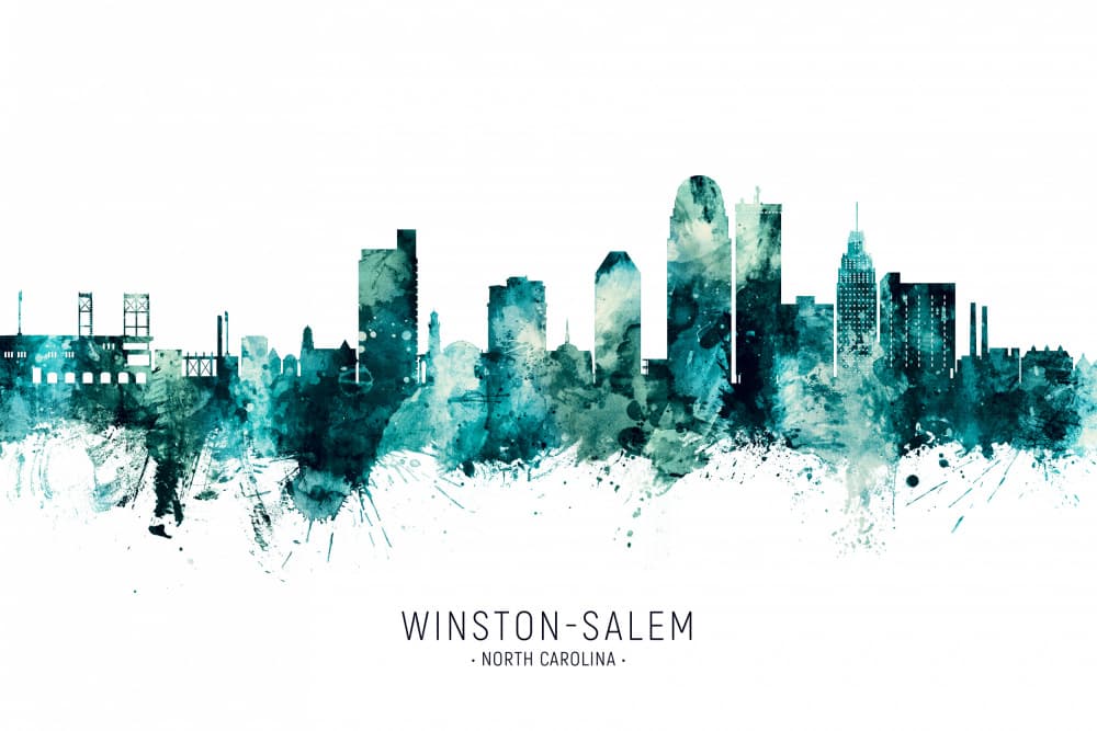 Winston-Salem Skyline Watercolor by Michael Tompsett — canvas wall art