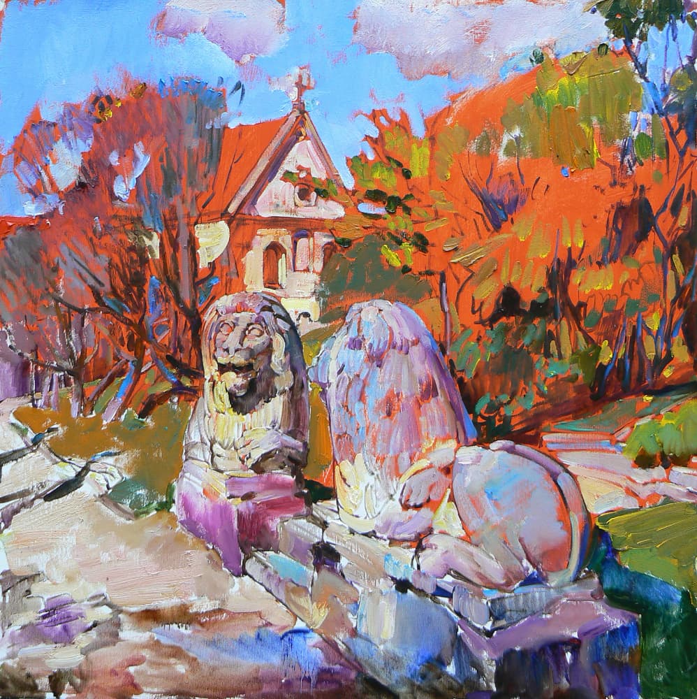 Park with lions by Andrii Kutsachenko — canvas wall art