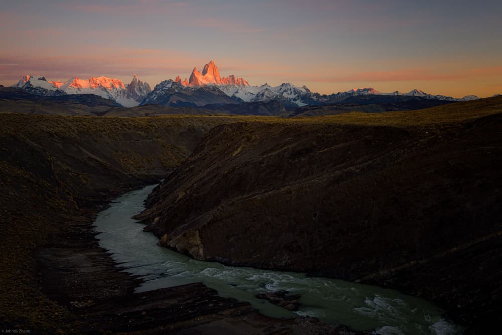 Patagonia Peaks River Sunrise by Johnny Zhang — canvas wall art