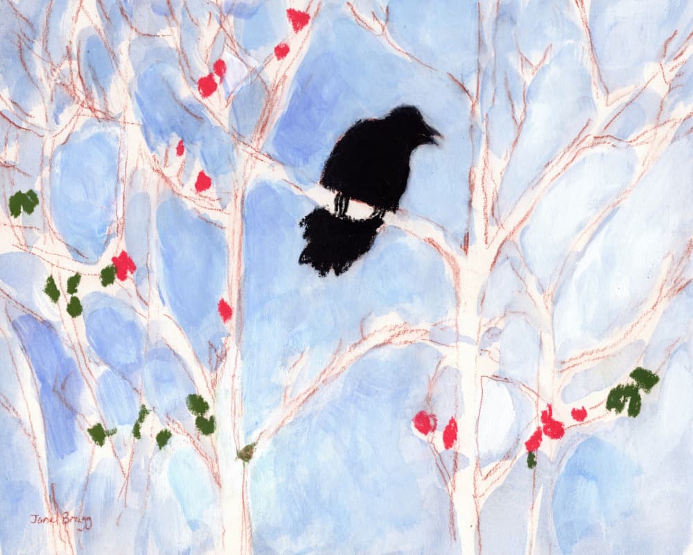 Winter Crow With Berries by Janel Bragg — canvas wall art