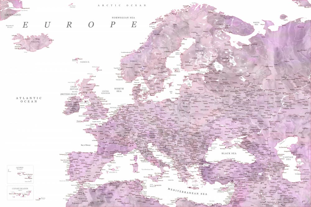 Purple Europe Travel Map by Rosana Laiz Blursbyai — canvas wall art