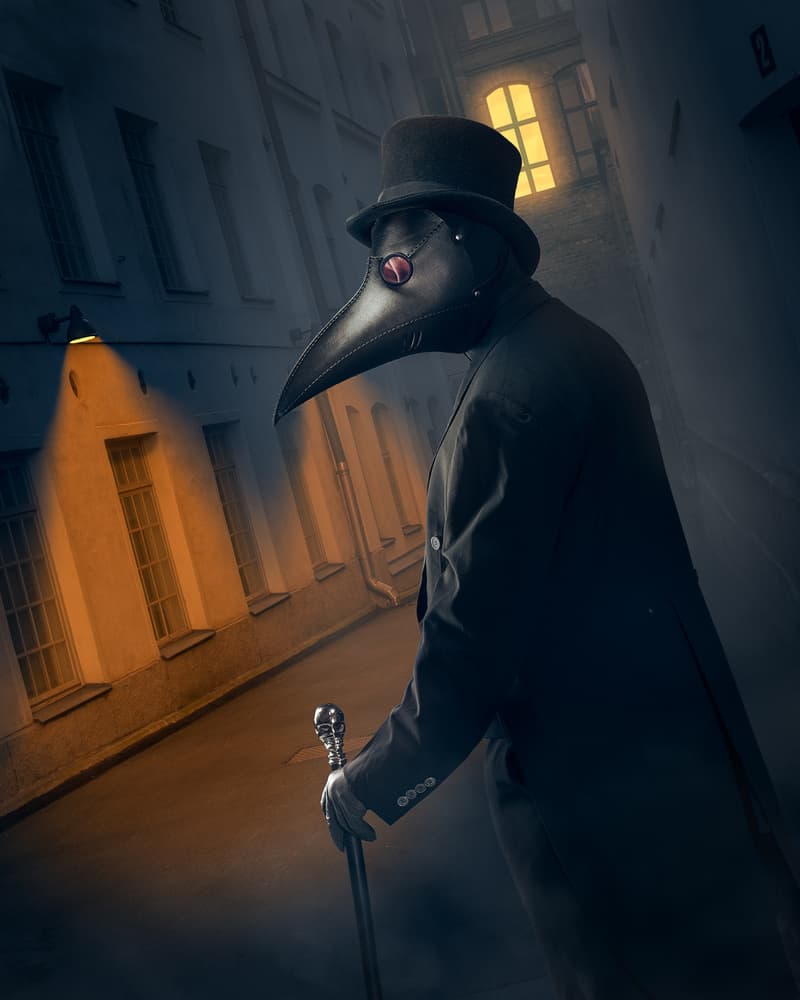 Mysterious Plague Doctor Alley by Petri Damstén — canvas wall art