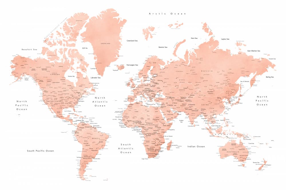 Pink Watercolor World Map by Rosana Laiz Blursbyai — canvas wall art