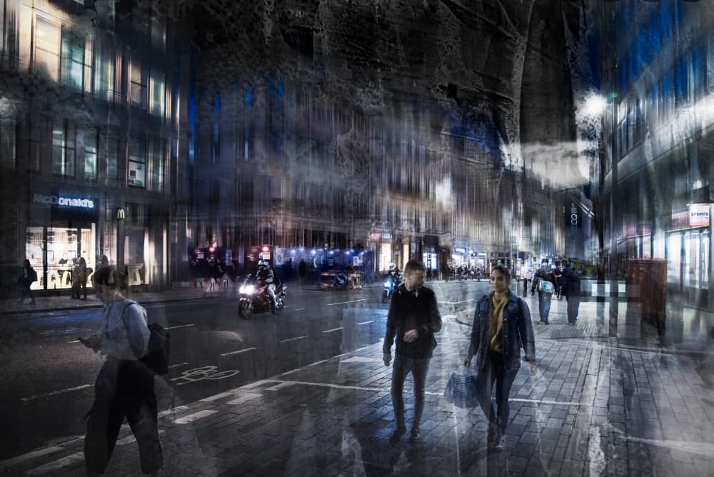 Urban Night Reflections by Nicodemo Quaglia — canvas wall art