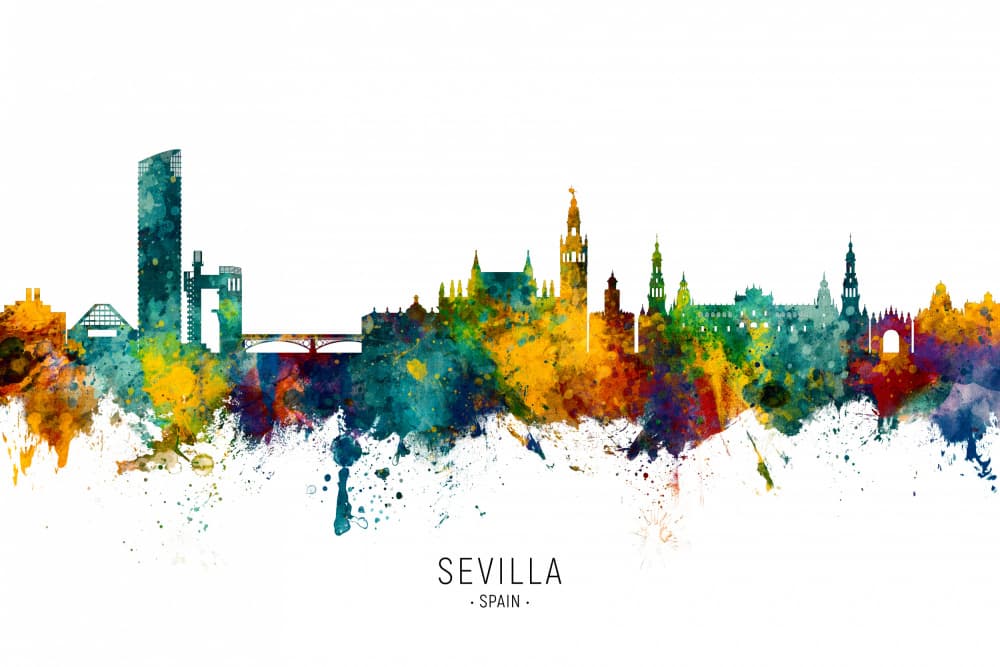 Seville Watercolor Skyline by Michael Tompsett — canvas wall art