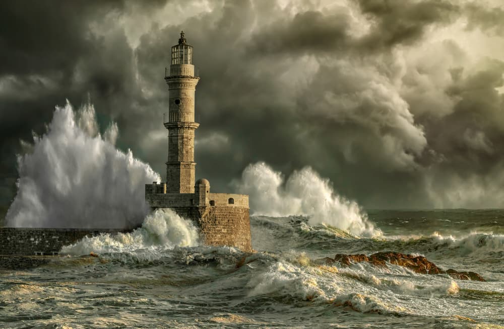 Dramatic Lighthouse Waves by Marcel Egger — canvas wall art