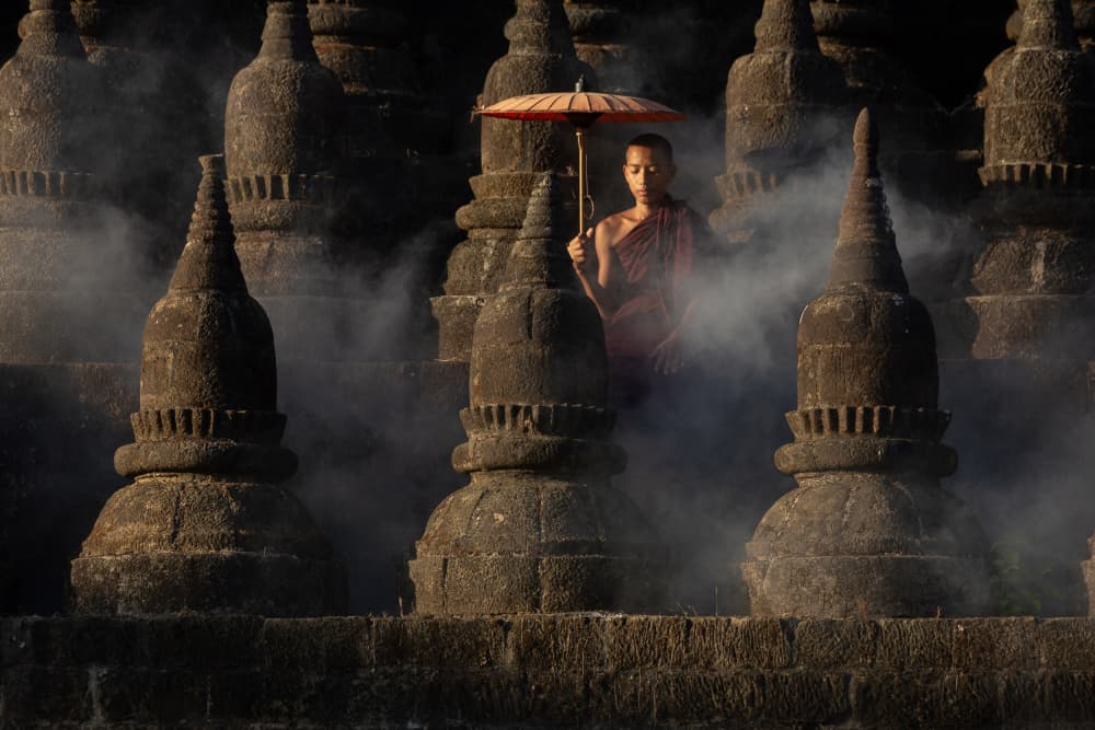 Spiritual Monk Amidst Pagodas by Clas Gustafson PRO — canvas wall art