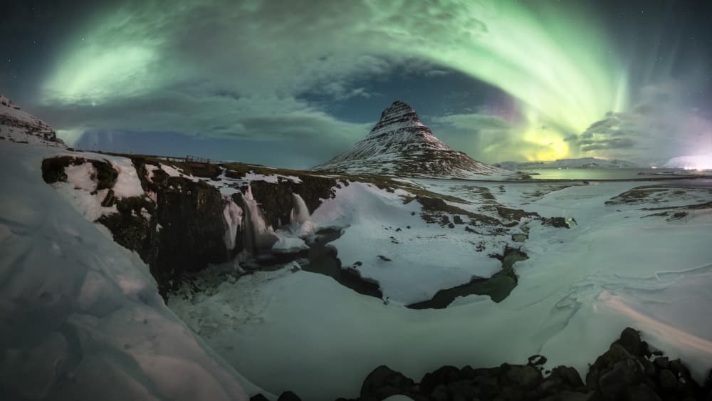 Northern Lights Winter Falls by Tomás Hueso Marco — canvas wall art