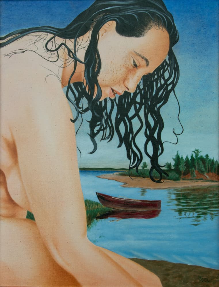 Reflective Woman Lakeside by Walter Roos — canvas wall art