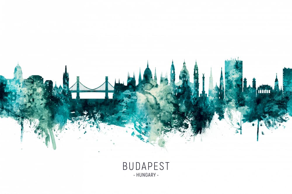 Budapest Watercolor Skyline by Michael Tompsett — canvas wall art