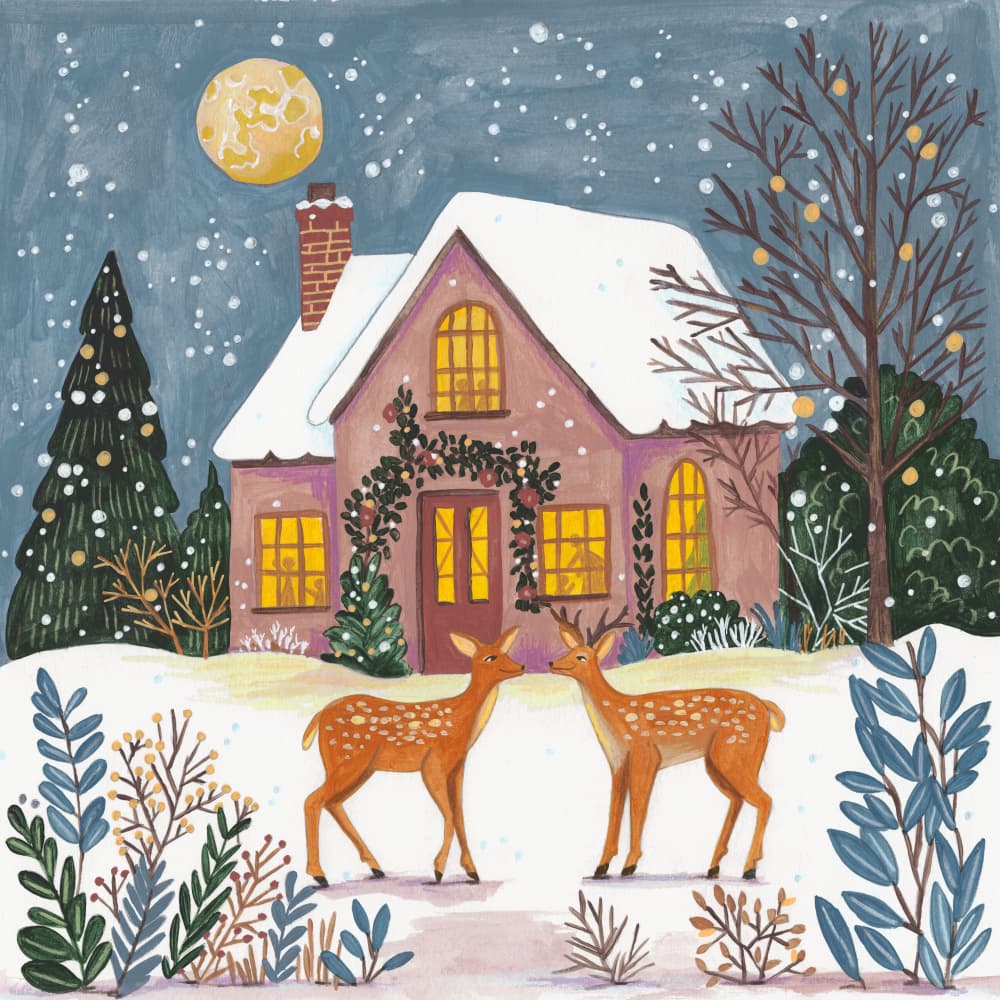 Cottage with deer in the snowy garden Christmas by Caroline Bonne Müller — canvas wall art