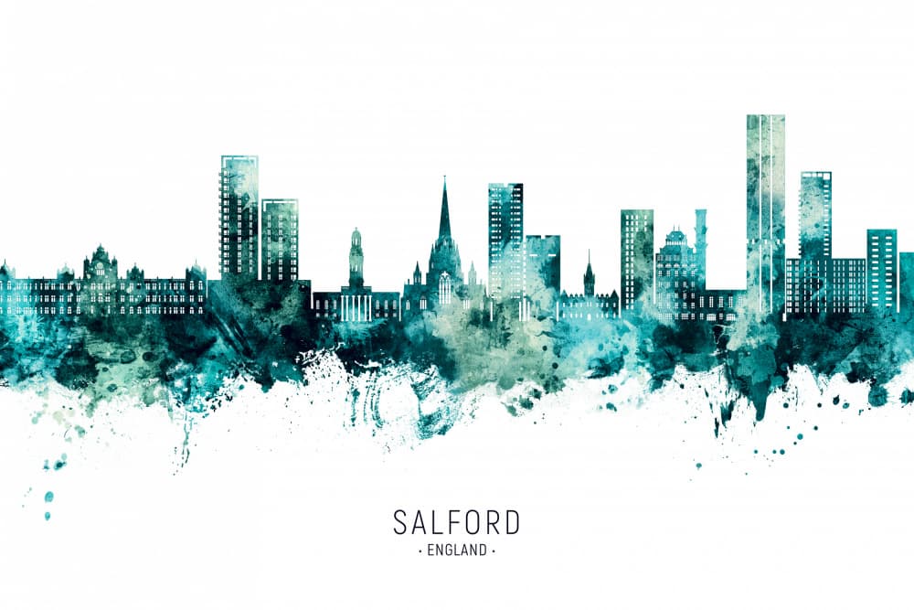 Watercolor Salford Skyline by Michael Tompsett — canvas wall art