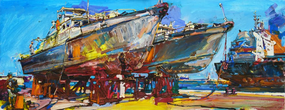Working Boats in Drydock by Andrii Kutsachenko — canvas wall art