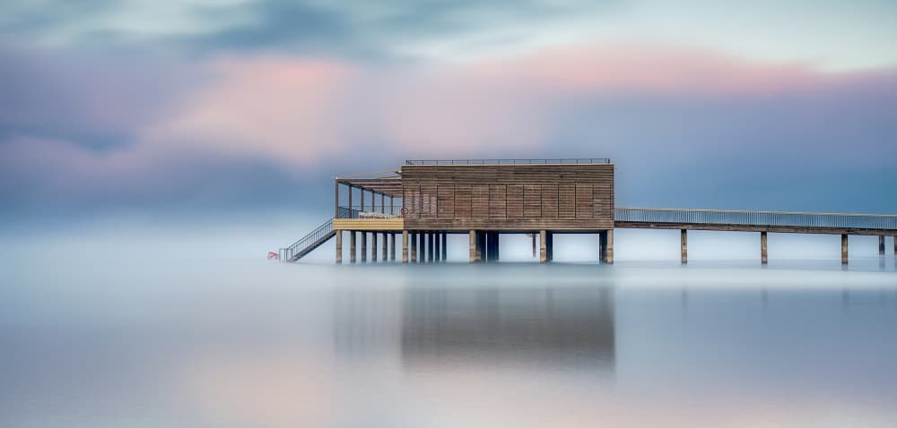 Misty Pier Reflections by Judith Kuhn — canvas wall art
