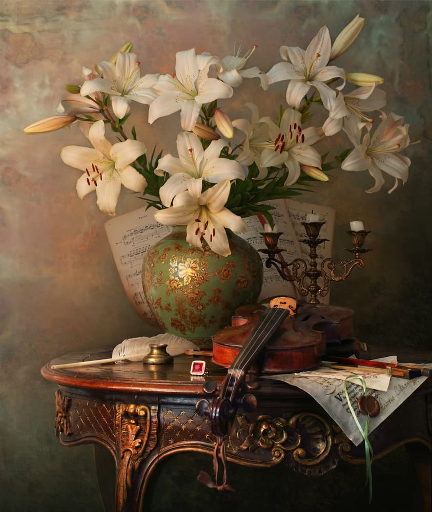 Vintage Lilies and Violin by Andrey Morozov — canvas wall art