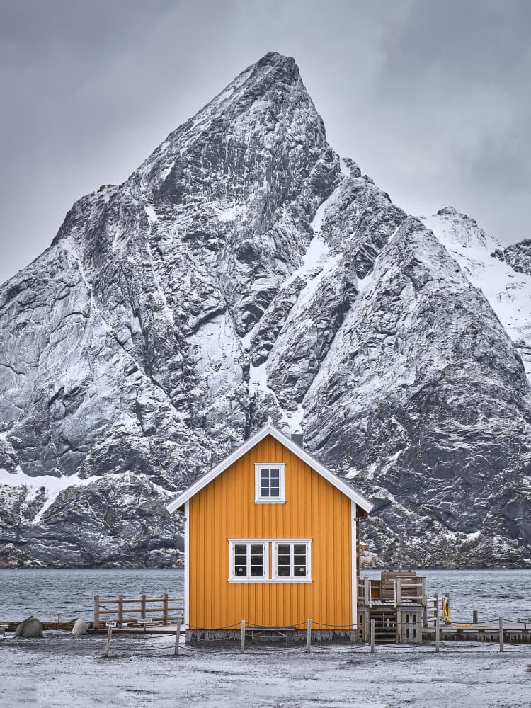 Golden House Snowy Peaks by Hamed Bank — canvas wall art