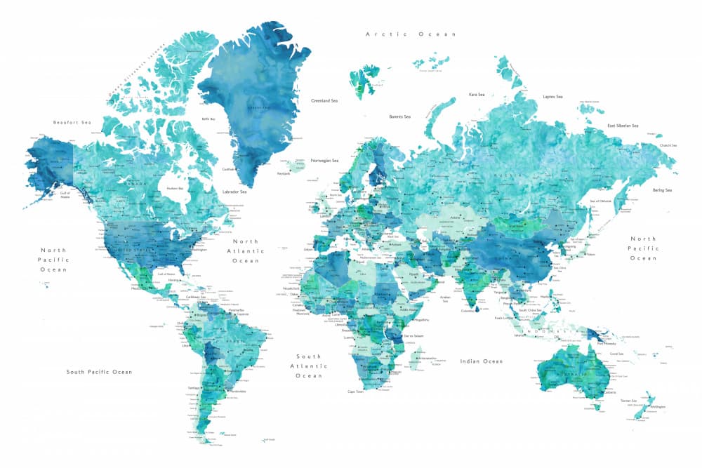 Teal Watercolor World Map by Rosana Laiz Blursbyai — canvas wall art