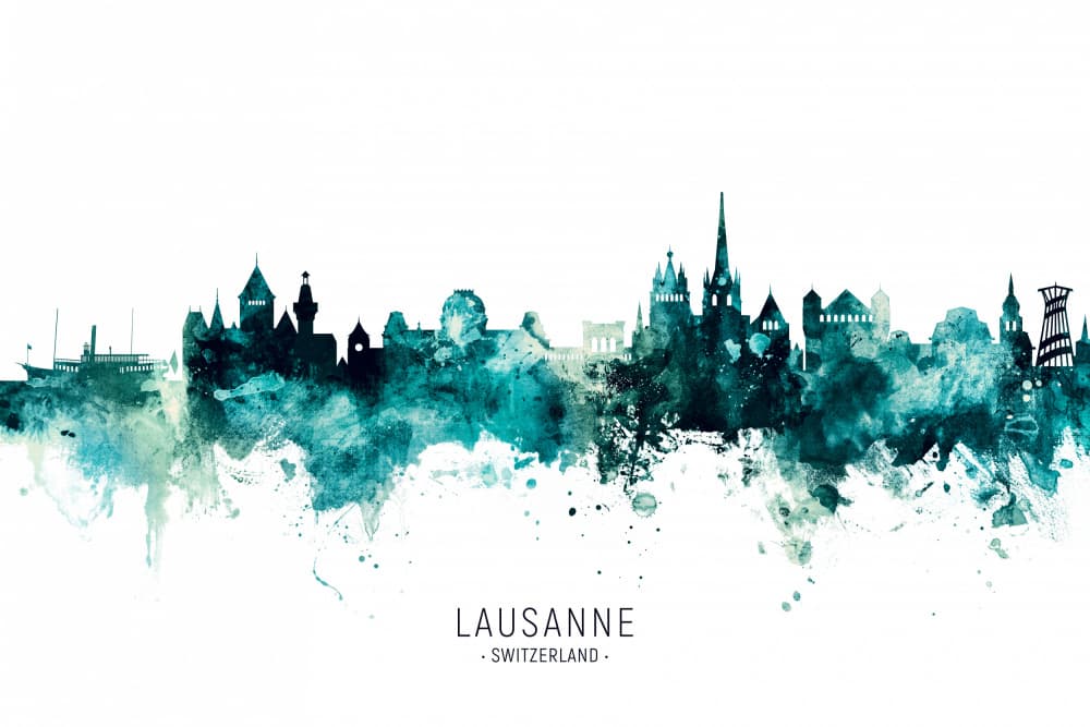 Lausanne Watercolor Skyline by Michael Tompsett — canvas wall art