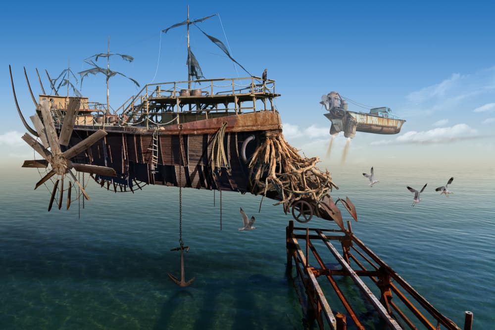 Flying Steampunk Ship by Radoslav Penchev — canvas wall art