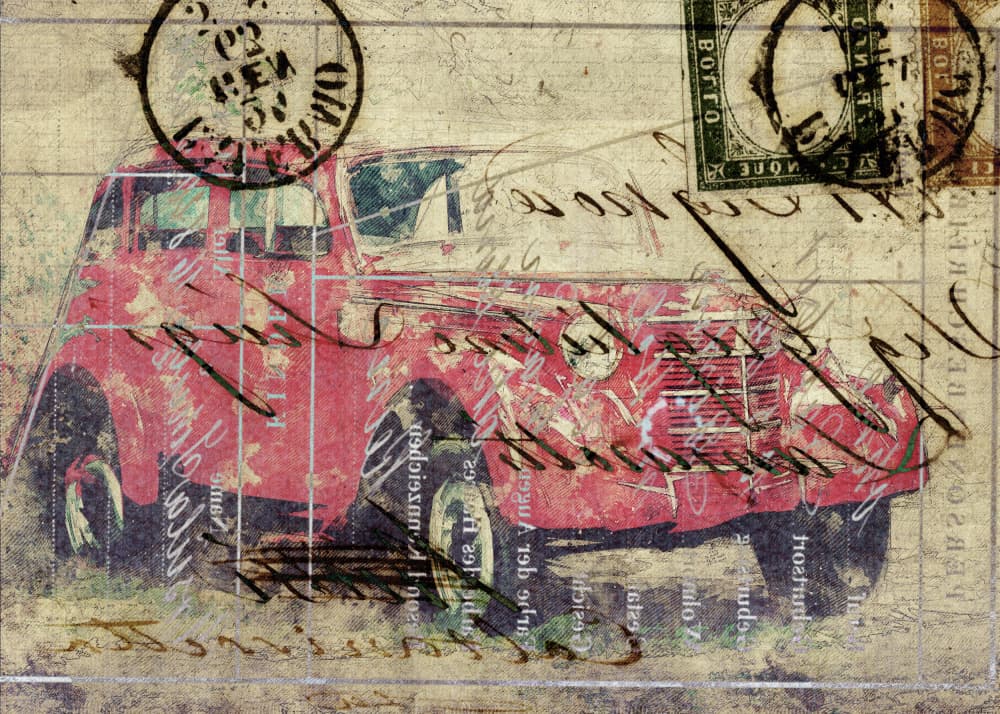 Vintage Red Truck Post by Lembayung senja studio [Vintage Poster] — canvas wall art