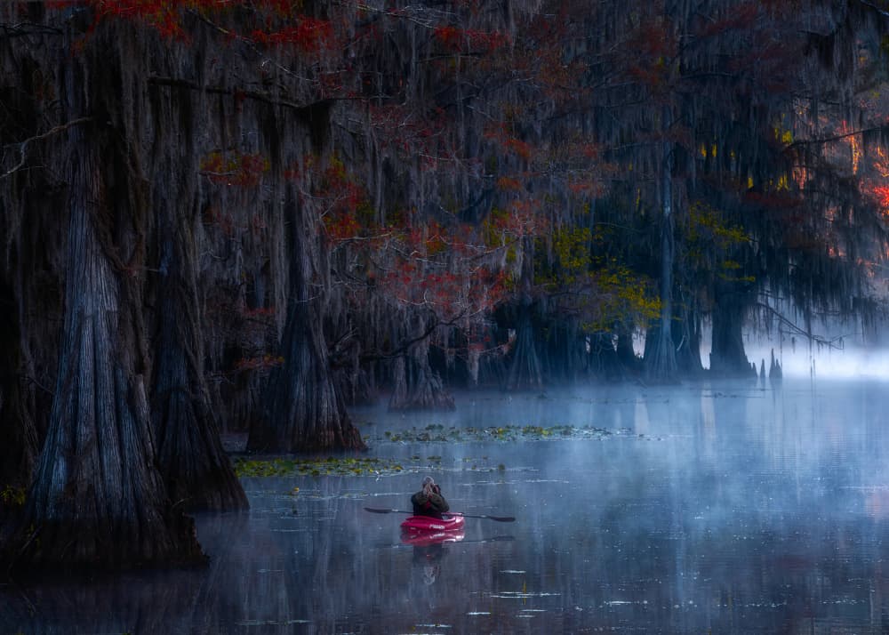 Misty Cypress Lake Kayak by Hanping Xiao — canvas wall art