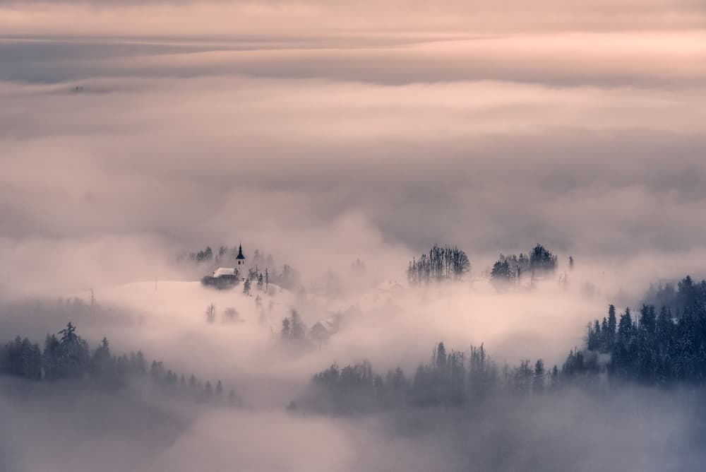 Misty Mountain Church by Kristjan Rems — canvas wall art