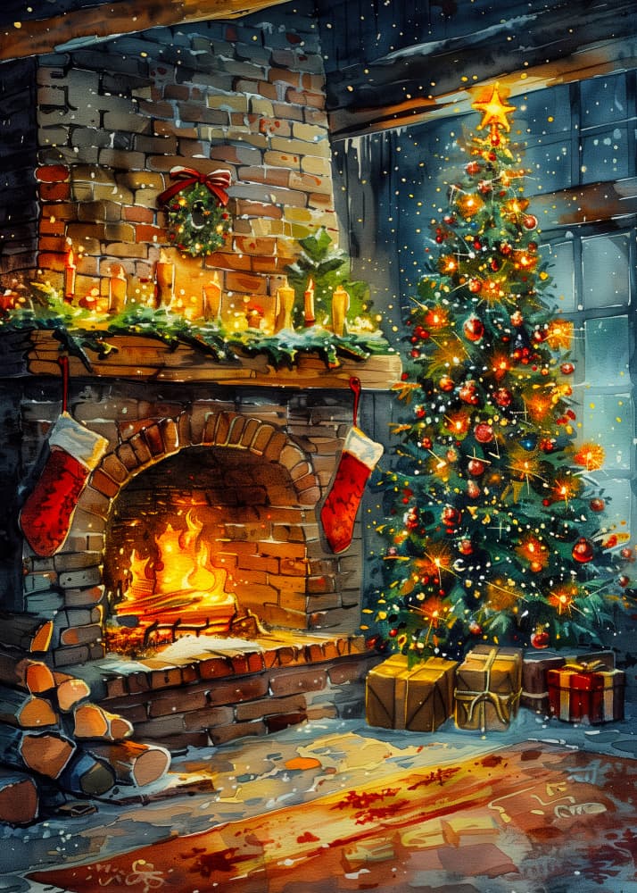 Cozy Holiday Fireplace by Justyna Jaszke — canvas wall art