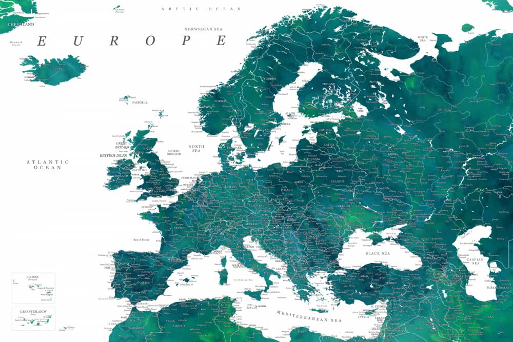 Watercolor Europe Map by Rosana Laiz Blursbyai — canvas wall art