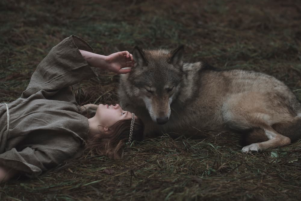 Woman and Wolf by Olga Barantseva — canvas wall art