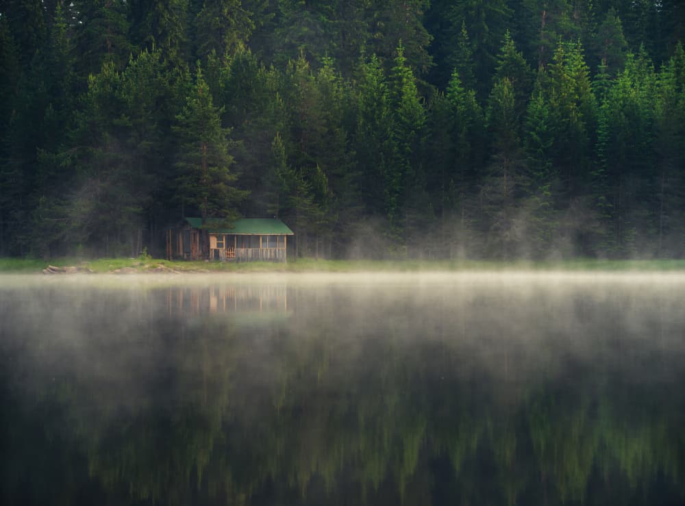 Peaceful Morning Lake Cabin by Hristo Yordanov — canvas wall art