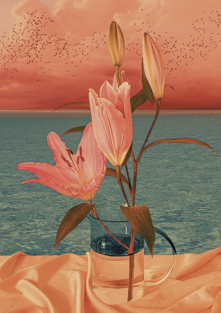 Pink Lilies Sea Sunset by CosmoZach — canvas wall art