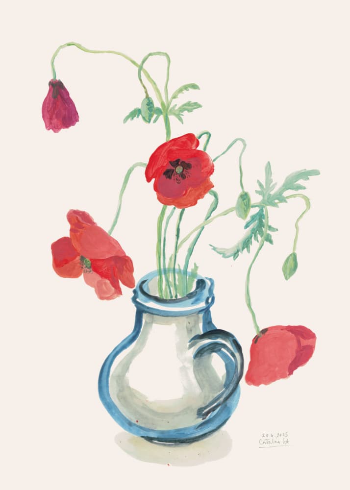 Red Poppies Blue Vase by Catalina Somolinos — canvas wall art