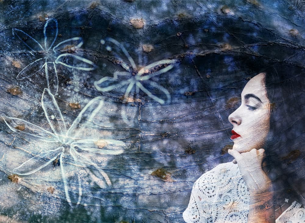 Pensive Woman Blue Flowers by Dusan Ignac — canvas wall art