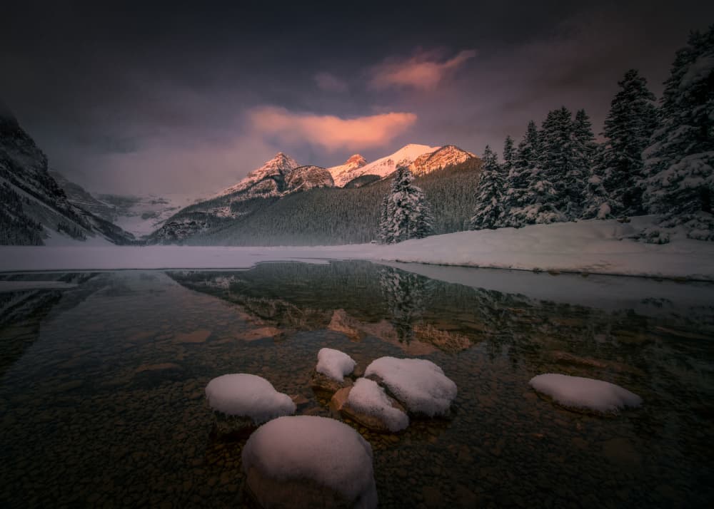 Winter Mountain Lake Glow by Bing Li — canvas wall art