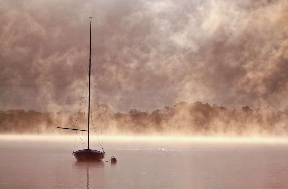 Misty Morning Sailboat by Steve Moore — canvas wall art
