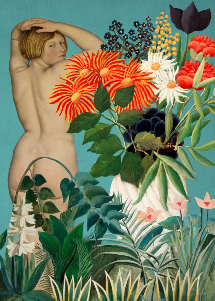Nude Woman Tropical Flowers by Marja van den Hurk — canvas wall art