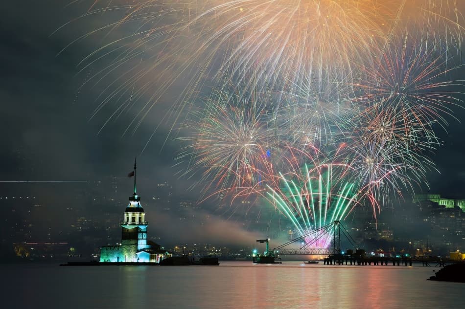 Maiden Tower Fireworks Night by Ibrahim Canakci — canvas wall art