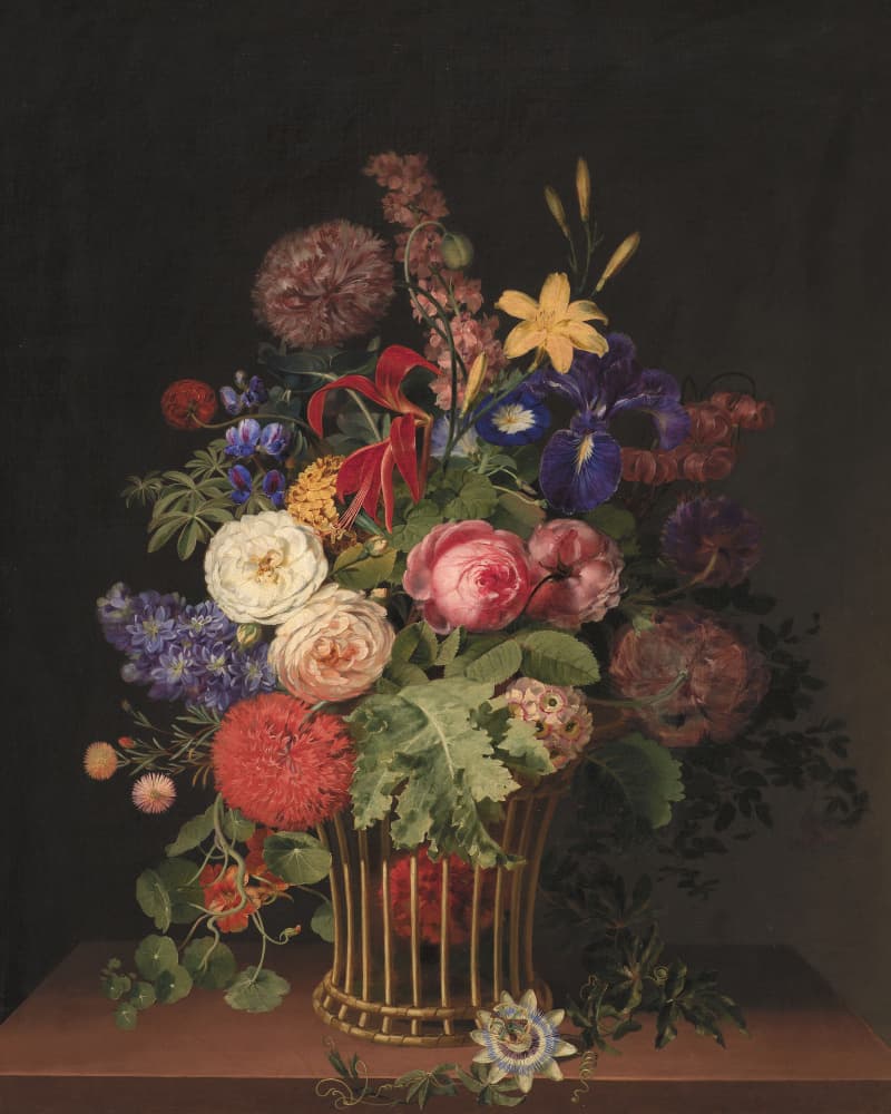 A Light Cane Basket With Flowers By C. D. Fritzsch