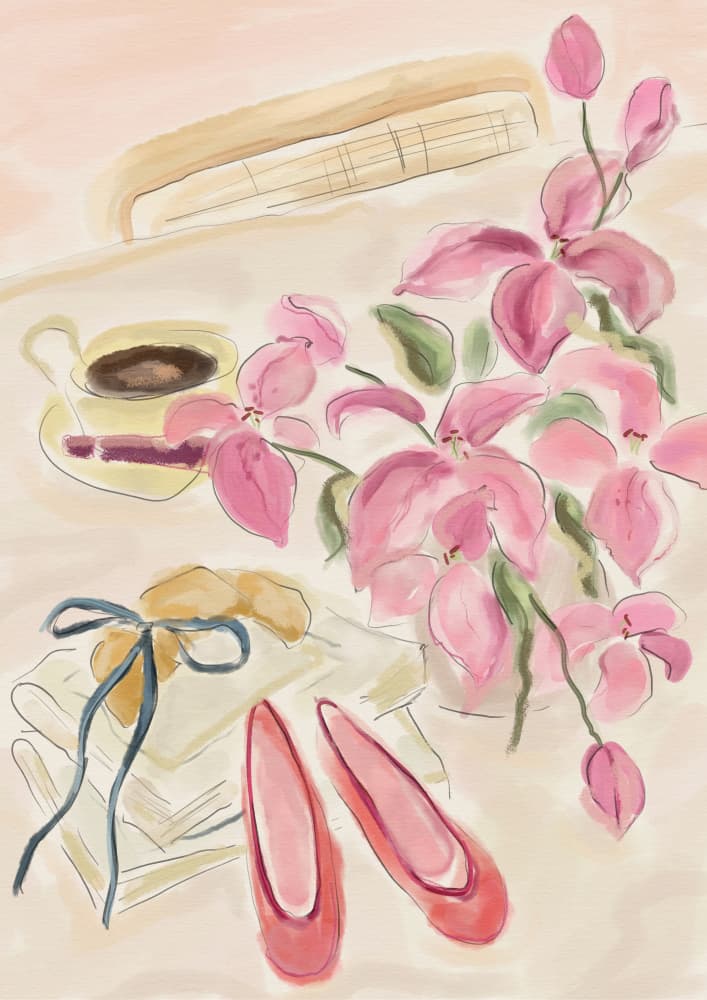 Still Life Watercolor Illustration with Ballerinas