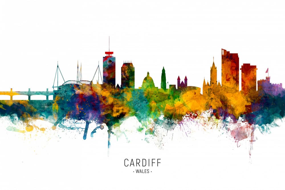 Colorful Cardiff Skyline by Michael Tompsett — canvas wall art