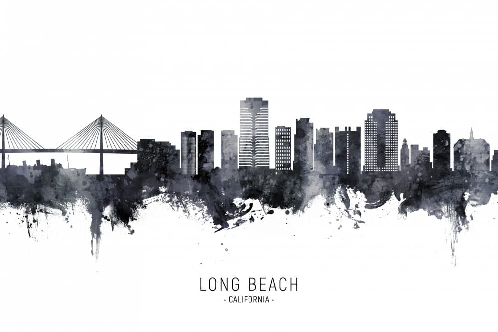 Long Beach Watercolor Skyline by Michael Tompsett — canvas wall art