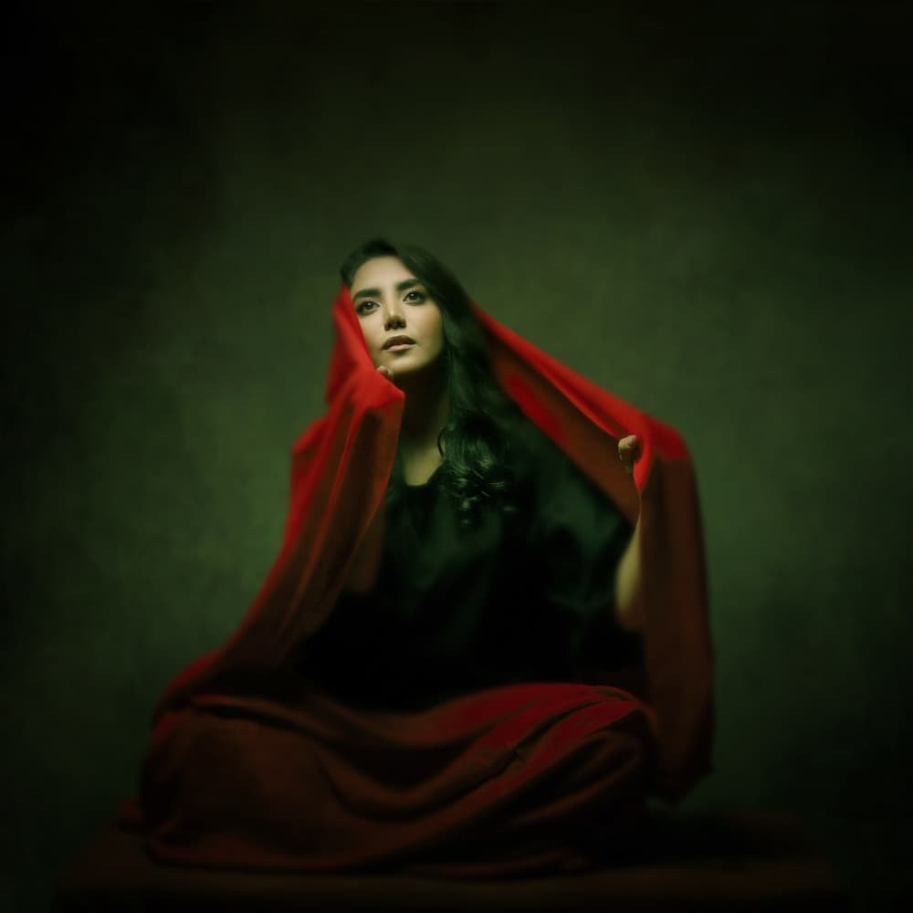 Mysterious Woman Red Drape by Moein Hasheminasab — canvas wall art