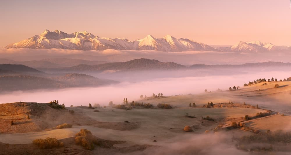 Misty Mountain Sunrise by Krzysztof Mierzejewski — canvas wall art